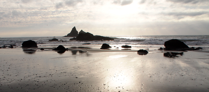 [Another nearly black and white photo. In this one, the sun lights up a bright path on the sand in the foreground making all the stones on the beach visible. Sun runs also light the water.]